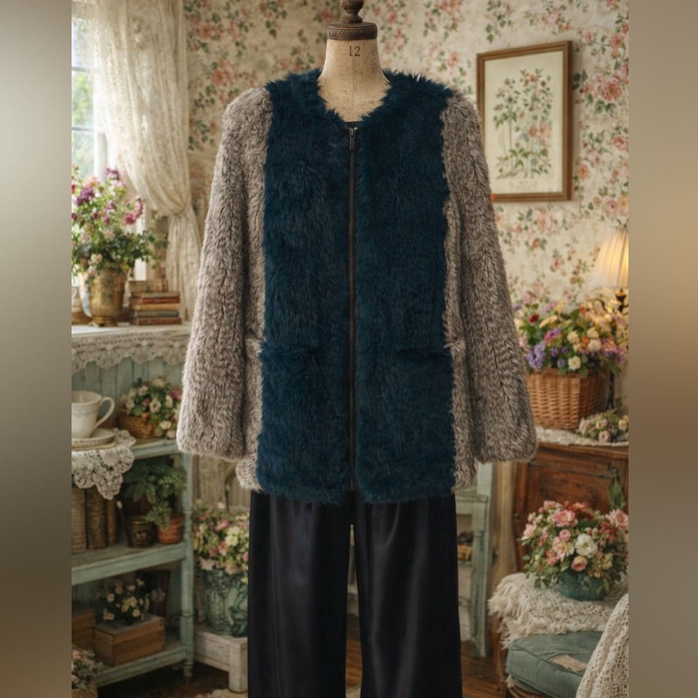 Elizabeth & James Rabbit Fur Jacket, In a Grey & Teal Size XS/S